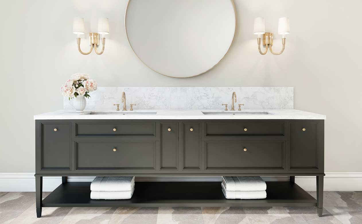 large format stone look tile flooring in bathroom with brown vanity and marble stone look countertops